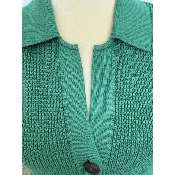 J. Jill Green Waffle Knit Collared Button Up Classic Cardigan Women's Size Med. - Picture 3 of 16